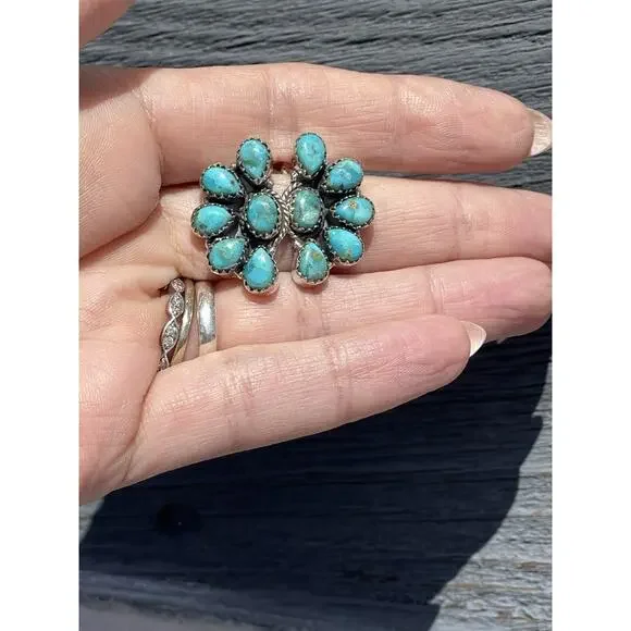 Native American Style Sterling Silver Turquoise Half Cluster Earrings Southwest - Picture 9 of 10